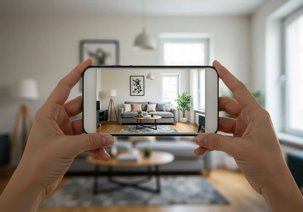 Woman using an AI interior design app to redesign her own room from a photo